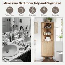 Natural Rattan Corner Cabinet - 68" Tall Modern Boho Corner Bathroom Storage Cabinet With Doors & Adjustable Shelves, Space Saver For Kitchen, Dining Room, Living Room Bathroom Storage