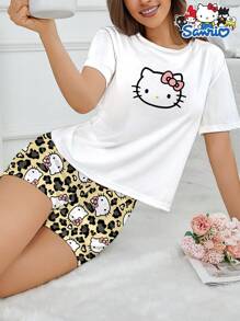 Sanrio 2 pezzi Set pigiama da donna Hello Kitty di Sanrio, pigiama a maniche corte con stampa carina a fiocco e leopardata