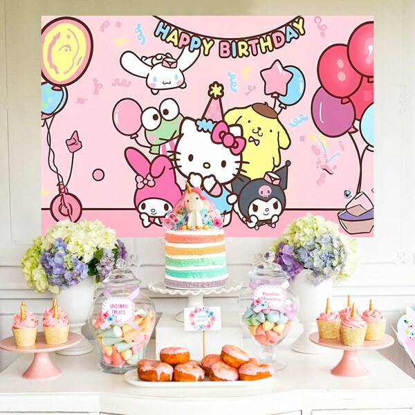 Sanrio 1 pezzo Striscione decorativo con sfondo di gruppo fotografico a tema cartoni animati per festa di compleanno, perfetto come decorazione per festa a tema cartoni animati, tappezzeria per camera da letto, foto di gruppo, dimensioni 82,7*59,1 *39,4/39,4*29,5 pollici