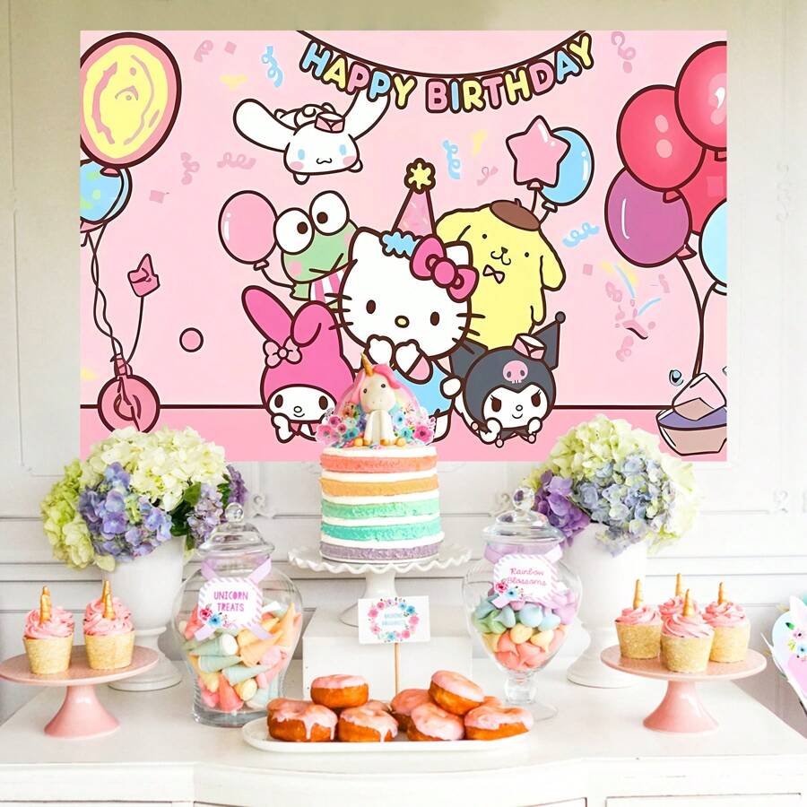 Sanrio 1 pezzo Striscione decorativo con sfondo di gruppo fotografico a tema cartoni animati per festa di compleanno, perfetto come decorazione per festa a tema cartoni animati, tappezzeria per camera da letto, foto di gruppo, dimensioni 82,7*59,1 *39,4/39,4*29,5 pollici