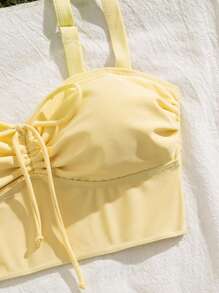 Butter Yellow Cute And Simple 3-Piece Set: Drawstring Tie Waist Fitted Ruffle Hem Swimsuit Cover Up Dress, Casual Beach Holiday Vacation Basic Versatile Suitable For Young Women