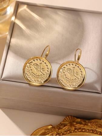 1 对简约复古铜 18k 镀金硬币耳环，适合女性日常佩戴，无礼品盒