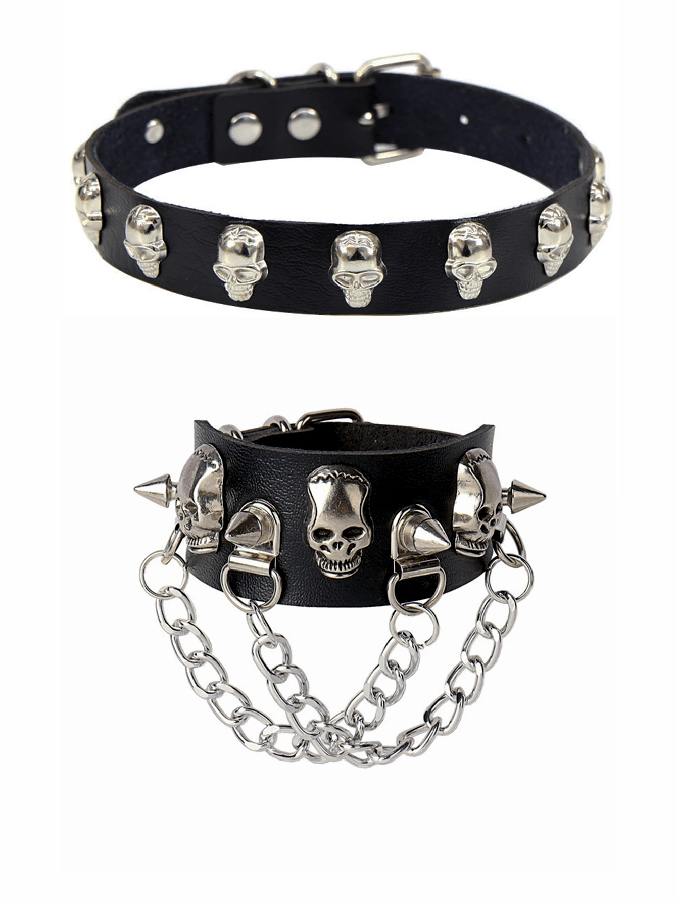 朋克颈链 手链 尖刺项圈 项链 PU 皮革 腕带 袖口 可调节 哥特式珠宝