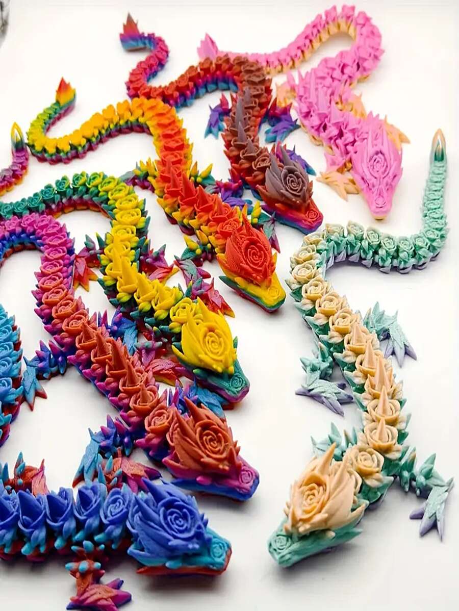 3D Printed Vivid Rose Dragon Sculpture - Flexible Joints, Multi-Colored, Suitable For Home And Office Decor, Great For Bookshelf, Living Room, Desk, Dragon Decoration
