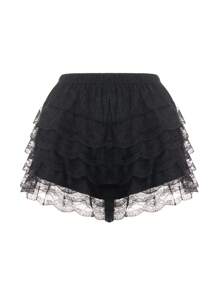 Womens Layered Ruffle Shorts Casual Elastic Waist Solid Color Lace Bloomers Lolita Clothes - 黑色 - 查看 3