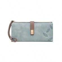 Cartera de piel sintética para mujer, tarjetero Retro con estampado de hojas esmeriladas, hebilla con cremallera, bolso de mano GFE3 - Azul - Ver 4