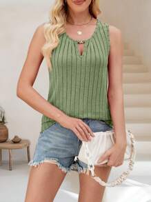Women's V Neck Cut Out Tank Sleeveless Vest Top Shirts - Green - View 3