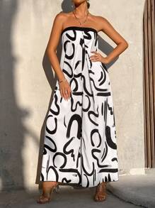 AIJ Amarilo Women's Summer All Over Print Wide Leg Tube Jumpsuit For Leisure Vacation(Random Printing) - Black and White - View 3