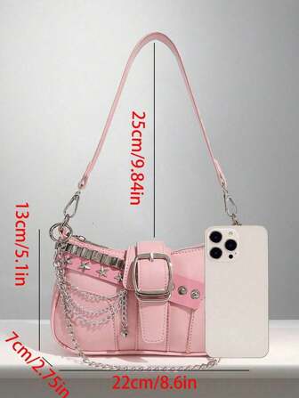 1pc Girl's PU Leather Y2K Style Bag, Versatile Crescent Moon & Star Shaped Shoulder Bag, Sweet & Cool Girl Crossbody Bag, Black & Red Contrast Chain Strap Handbag, Millenial Underarm Chain Bag