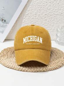 1pc Unisex Casual "Michigan The Great Lakes State" Washed Letter Printed Adjustable Baseball Cap, Outdoor Sports Fashion Streetwear Head Accessory, All Season