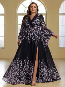 YISIKADO 加大码花卉印花女式雪纺连衣裙优雅开叉大腿长裙长袖度假花裙巡航女式服装花裙茶会礼服婚礼宾客舞会宴会生日毕业典礼、礼服、正式、晚会