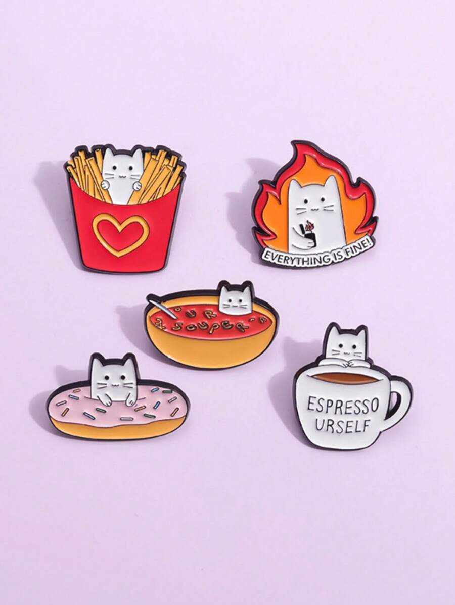 1 pieza Broche de metal con forma de papas fritas, donut o gato de la serie de alimentos con diseños de dibujos animados, versátil para ropa, uso diario o para eventos