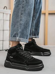 British Style Black PU Skateboard Shoes For Teenagers, Men Black Suede Round Toe High-Top Lace-Up Dress Shoes