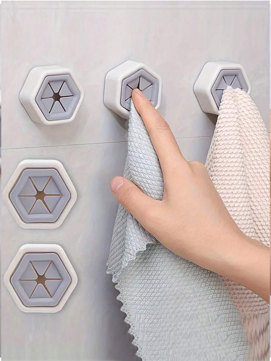 5pcs Hexagon Towel Hooks, Creative Face Towel Storage Clips, No-Drill Dishcloth Holder, Multi-Functional Home & Kitchen Accessories, Practical Hanging Hooks - Multicolor - View 1