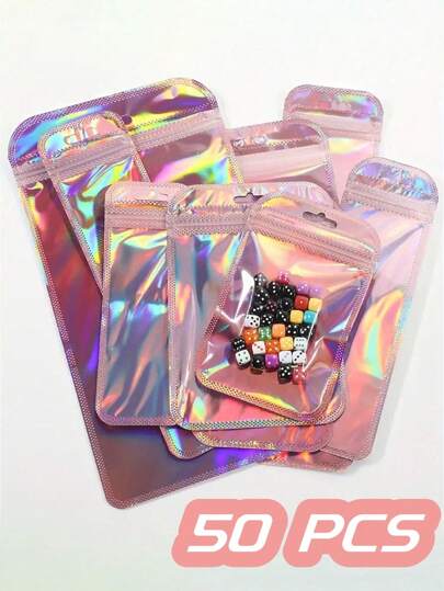 50 piezas de bolsas de OPP autosellantes, bolsas con cierre hermético láser iridiscente, bolsas de empaquetado repetible para joyería, bolsas para regalos