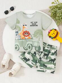 2pcs Young Boy Random Animal Print Short Sleeve Tops & Shorts Set, Casual Fashion Summer 2025 New Arrival