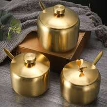 1pc Stainless Steel Seasoning Jar Set With Spoon - Gold Kitchen Condiment Containers For Salt, Pepper, Sugar & Spices - Bbq & Restaurant Essentials,School Supplies - Multicolor - View 3