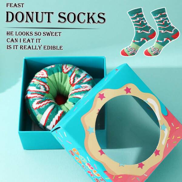 1 paire de boîte cadeau Chaussettes mi-mollet créatives imprimées de donuts colorés et de rayures. Des chaussettes uniques, confortables et respirantes, idéales comme cadeau pour la maison, les fêtes, la Saint-Valentin, Pâques, la Fête des Mères, la Fête des Pères, unisexe