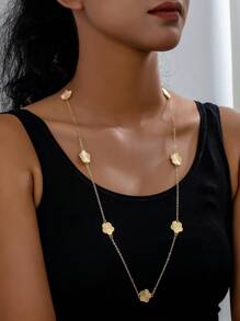 1pc Gold-Color Fashionable Zinc Alloy 5 Leaf Clover Floral Decor Long Necklace, Suitable For Women Casual Daily Accessories, Wedding Gift Jewelry