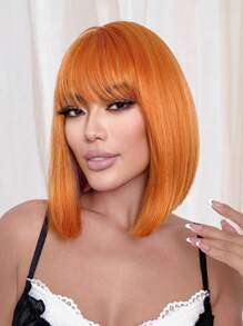 Peluca corta y recta de pelo sintético con flequillo, color naranja, para uso diario, fiestas, festivales de música de primavera, de 12 pulgadas
