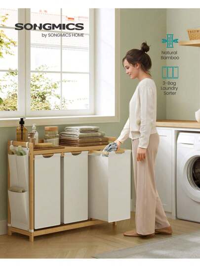 SONGMICS Laundry Basket With 3 Compartments, Laundry Hamper, Holds Up To 150 L, Laundry Sorter, With Shelf, Laundry Bag, Side Pockets, 3 X 50 L, 94 X 33 X 78 Cm, Cream White