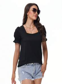 GEREARC Womens Basic Top Square Neck Ruffled Cuffs Sleeve  Loose Blouse T Shirts