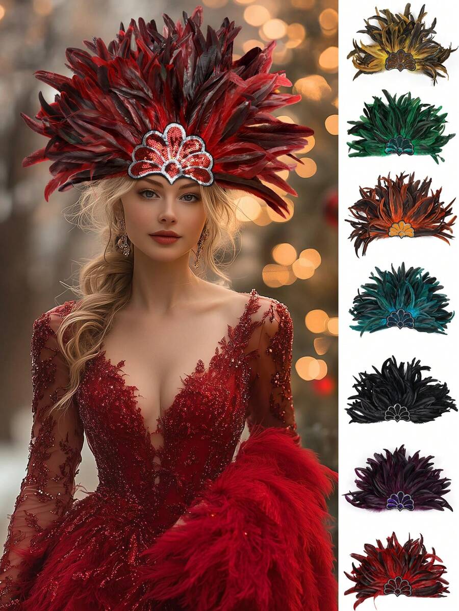 Women's Feather Headpiece Carnival Caribbean Headdress Showgirl Party Cosplay Accessories Halloween - A - View 1