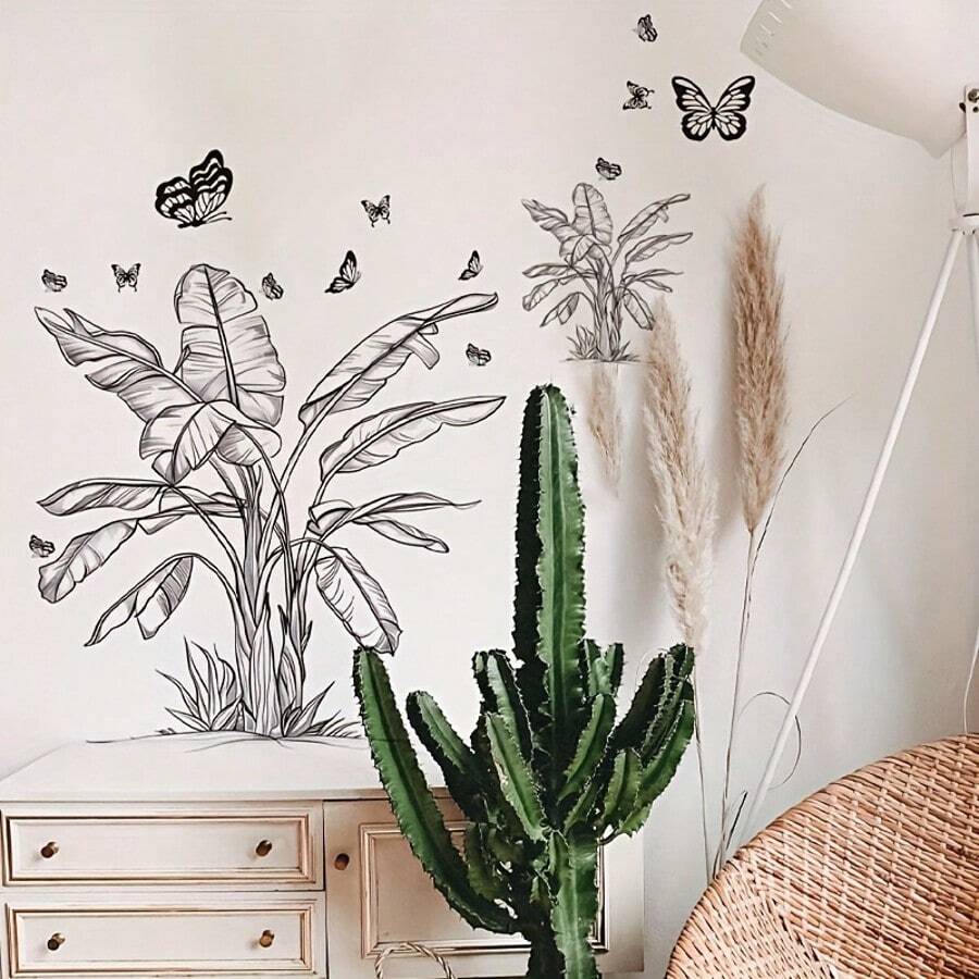 极简主义黑白素描植物蝴蝶墙贴，可移除自粘墙贴，适用于酒店、旅馆、网吧、办公室、卧室、客厅、书房礼物生日毕业房间装饰家居装饰墙壁装饰浴室装饰卧室装饰房间装饰用品客厅装饰家居装饰客厅墙纸贴纸个性贴纸 - 黑色 - 查看 1
