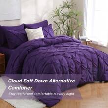 7pcs Pintuck Bed In A Bag, Pinch Pleat Complete Bedding Sets With Comforter, Flat Sheet, Fitted Sheet And Pillowcases & Shams Queen/King Size - 紫色 - 查看 2
