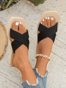 Women Summer Fashionable Simple Non-Slip Beach Slippers - Black - View 3