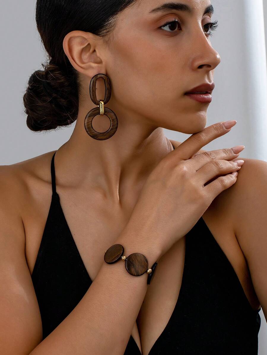 1 Set Of Fashionable New Version Ins Retro Matte Elegant Personalized Street Shot Round Wooden Hand-Woven Beaded Bracelet + Earring Jewelry Set