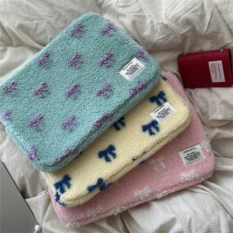 Soft Plush Laptop Sleeve, Furry Tablet Case For 11-Inch IPad, 13/14/15.6-Inch Laptops, Adorable Bow & Floral Print, Protective And Cozy