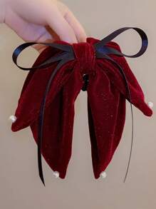 1 pièce, imitation velours noir/bordeaux, ruban décoratif en perles, grande pince à cheveux pour femme, pince à cheveux de qualité supérieure, douce et élégante, demi-queue de cheval, couvre-chef multifonctionnel, convient pour les tenues de fête décontractées au quotidien