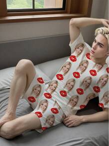 Conjunto de pijama de manga corta personalizado para hombres, con foto retrato personalizada, regalo, novedad, primer plano grande, reemplazo de rostro, tela liviana de secado rápido y cómoda, regalo para amigos/pareja, regalo de fiesta/cumpleaños, colorido, lindo, adorable