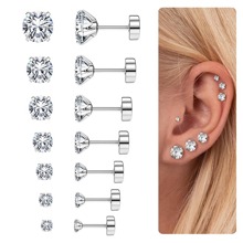 7 Paar 20G flache Rückseite Ohrringe für Frauen und Männer, silberne hypoallergene rostfreie Stahlohrstecker mit kubischen Zirkonias, chirurgischer Stahl Knorpelohrringe für empfindliche Ohren 2-3-4-5-6-7-8mm