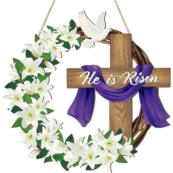 Auferstehungs-Osterdekoration, Holzkränze für Eingangstür, Kreuzzeichenschilder für Türen und Wände, christliche Jesus-Lilien-Blumen-Ornamente als Hängekünste für Frühlingsdekoration für Zuhause, Bauernhofparty und Veranda
