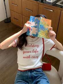 Women's Contrast Color Embroidery Slim Fit Knit Short Sleeve Sweater Top, Casual & Minimalist, Summer - Apricot - View 9