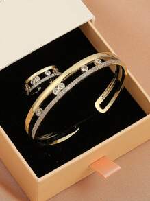 rakol 2 Stücke Set glänzender minimalistischer goldener runder Armreif & Ring Set, Alltagsschmuck Geschenke für Frauen