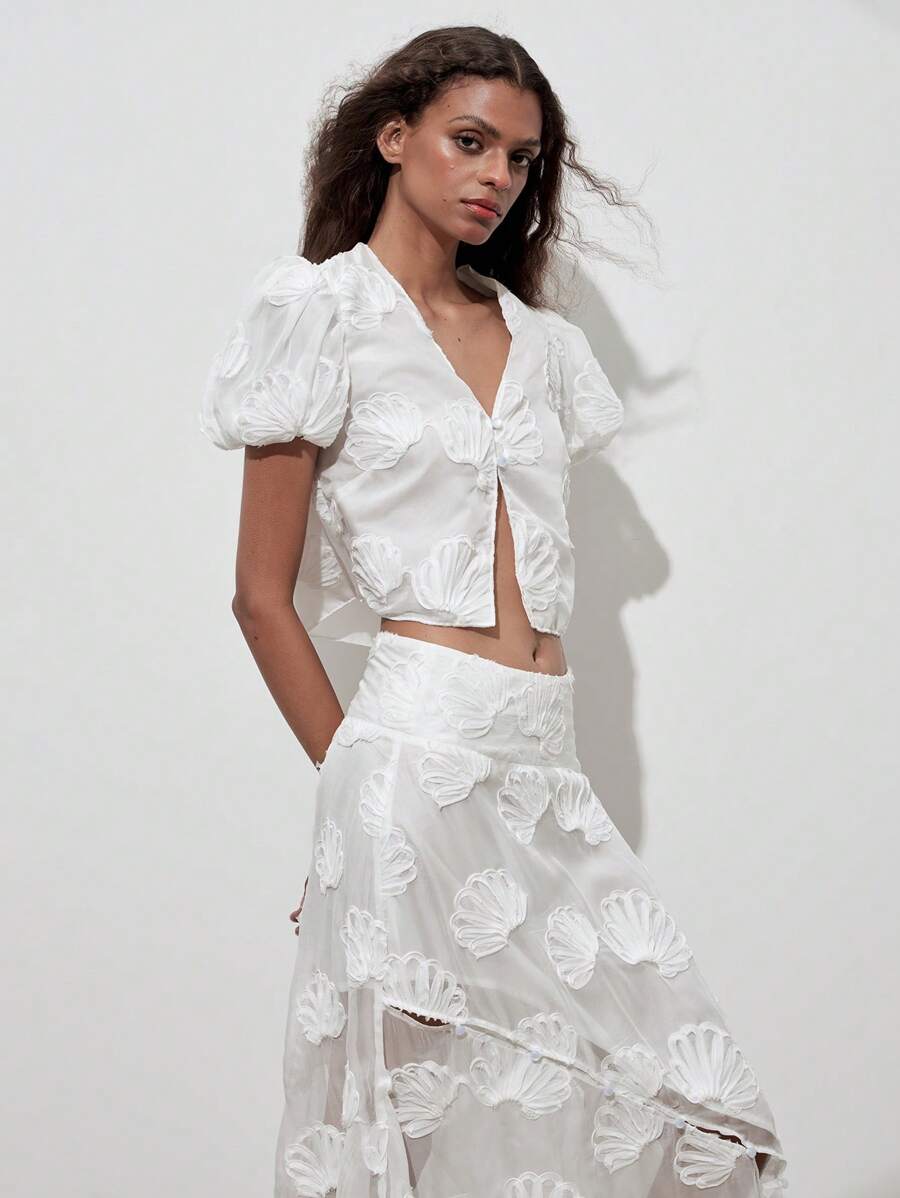 Chaqueta corta romántica con mangas abullonadas y cuello de concha de jacquard - Blanco - Ver 1