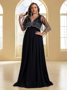 YISIKADO Đầm dự tiệc cổ chữ V bằng vải voan lưới đính đá sang trọng cỡ lớn có khăn choàng, Đầm dự tiệc cưới, Đầm trang trọng, Váy dạ hội - màu đen - Xem 6