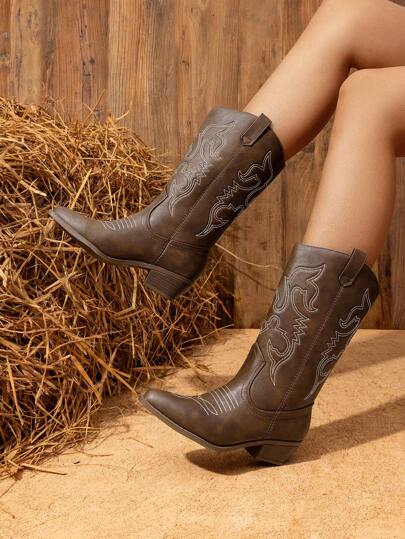 Women'S Cowboy Western Boots Point Toe Pull On Cowgirl Boots  Embroidered Detail Chunky Heeled Spring And Winter Back To School Party Festival Matching Dress Mid Calf Coffee Brown Boots