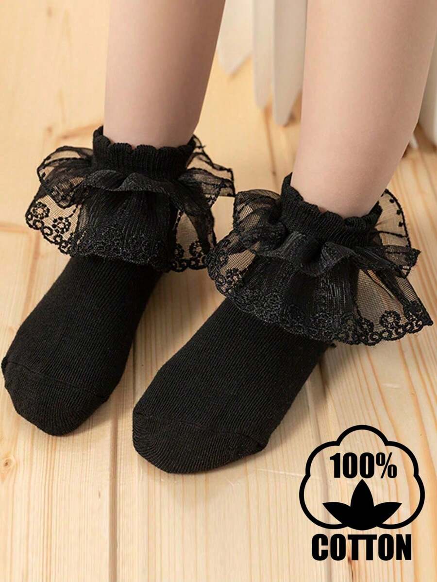 1 Pair Girls Cotton Solid Color Lace Trim Ankle Socks, Suitable For Dance - Black - View 1