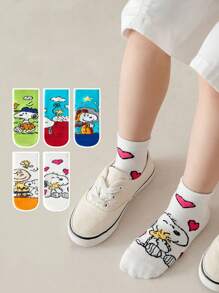 SNOOPY 5 paar Snoopy Cartoon kindersokken, halfhoge meisjessokken, ademende jongenszomersokken, student peuter enkelsokken