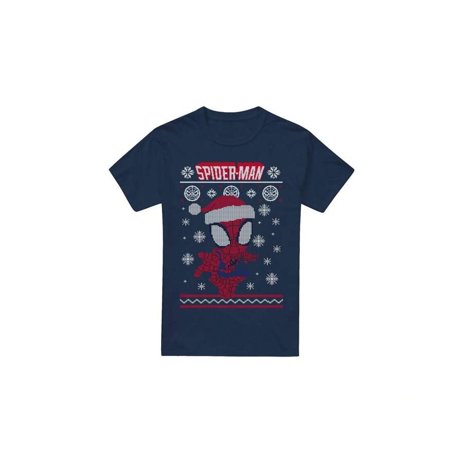 Marvel Spider-Man Mens Snowflake Christmas Sweater T-Shirt (Navy)