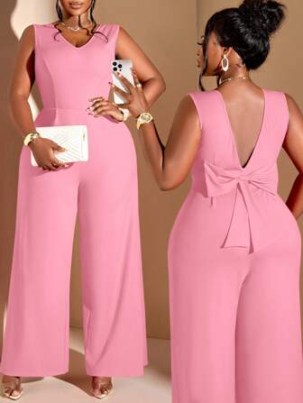 BIUBIU 大码女式深V领露背镂空蝴蝶结拼接连体裤，适合休闲、商务、度假等各种场合，时尚单品