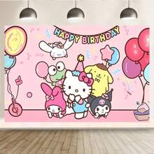 Sanrio 1 pezzo Striscione decorativo con sfondo di gruppo fotografico a tema cartoni animati per festa di compleanno, perfetto come decorazione per festa a tema cartoni animati, tappezzeria per camera da letto, foto di gruppo, dimensioni 82,7*59,1 *39,4/39,4*29,5 pollici
