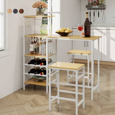 Breakfast Bar Table And Stools Set, 3 PCS Bar Table Set With Glass Holders, Wine Racks, Storage Shelves & Adjustable Foot Pads, Dining Table And 2 Bar