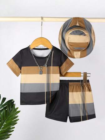 Bhchntiy 3 件套男婴夏季新款格子圆领 T 恤、短裤、帽子休闲时尚套装