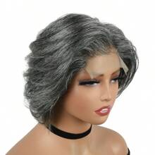 短款精灵短发假发 灰白相间 100% 雷米真人发 4x4 蕾丝前假发 透明蕾丝假发 高清蕾丝灰色假发 送给妈妈的礼物