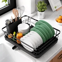 NetHong 1/2 Tier Dish Drainer Rack Cutlery Holder Plate Rack Kitchen Sink With Drip Tray Kitchen Organization - Black - View 8